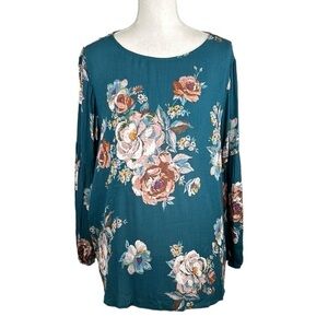 Staccato Green Boho Floral Long Sleeve Flowy Top Size Large